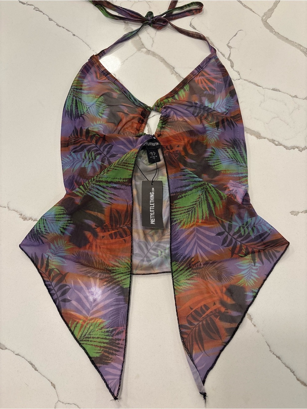 PrettyLittleThing Purple Tropical Halter Tie-Front Mesh Top
